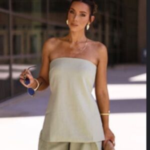 Strapless Linen-Blend Tunic Top in Sage